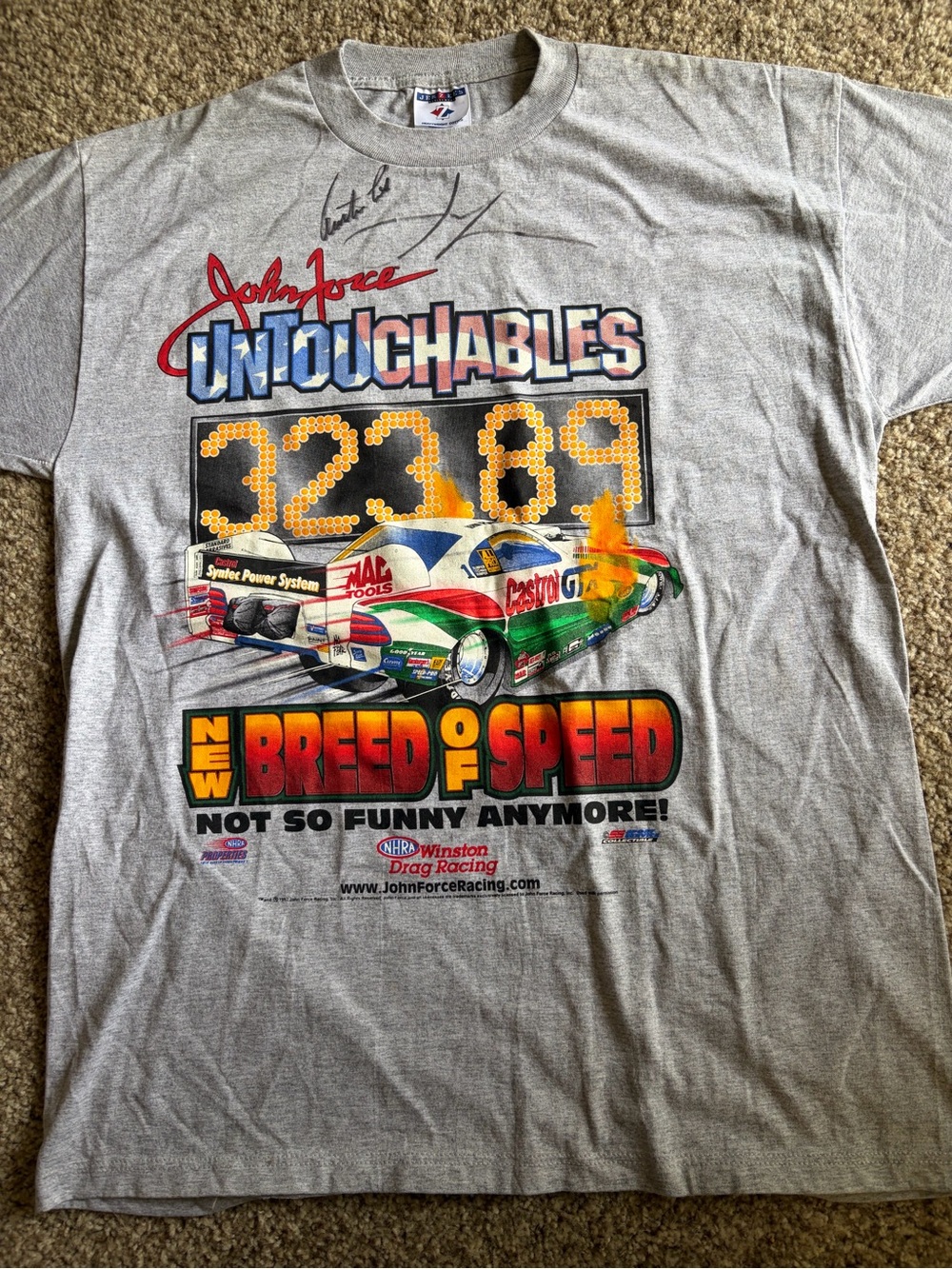 Vintage 90s Autographed John Force Gray Graphic Racing T-Shirt